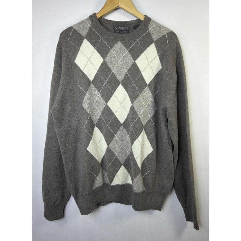Giasone large Luxurious Argyle Men's Gray 100% Cashmere Crew Sweater designer